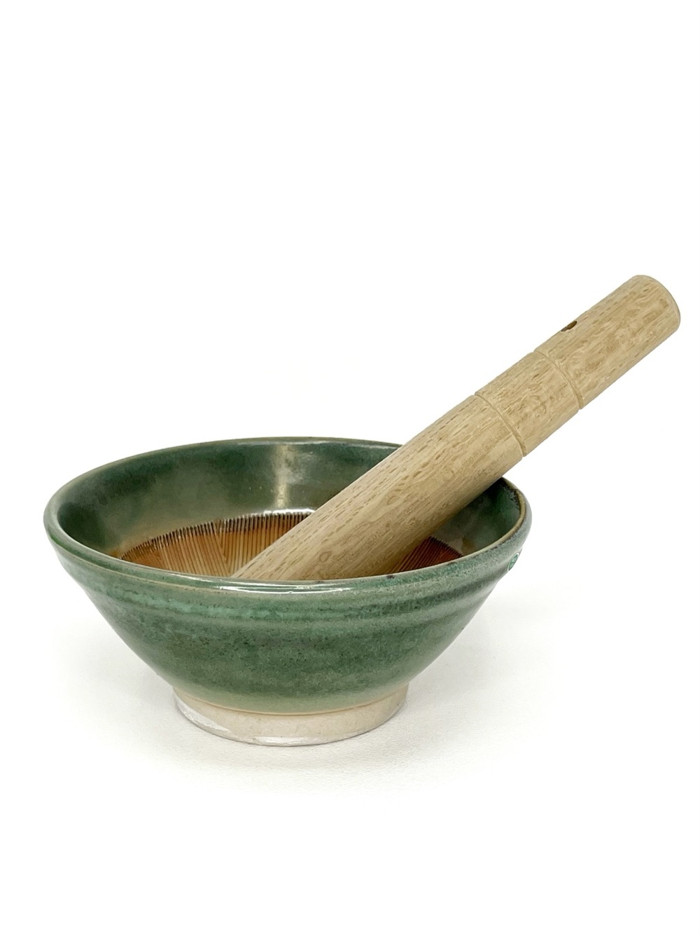 Vintage Japanese Suribachi & Surikogi Mortar & Pestle Green Pottery Ceramic EUC